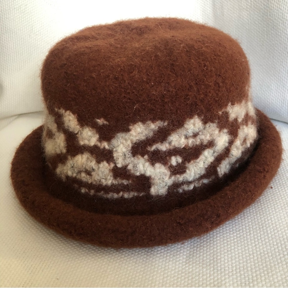 Felted Hat Brown and Cream Patterned  warm wool handmade handcrafted